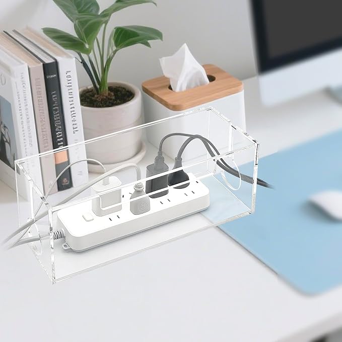 Cable Cord Organizer Box, 2 Open Slots Cords Hider Box, Under Desk Power Strip Organizer and Floor Cables Storage, Clear