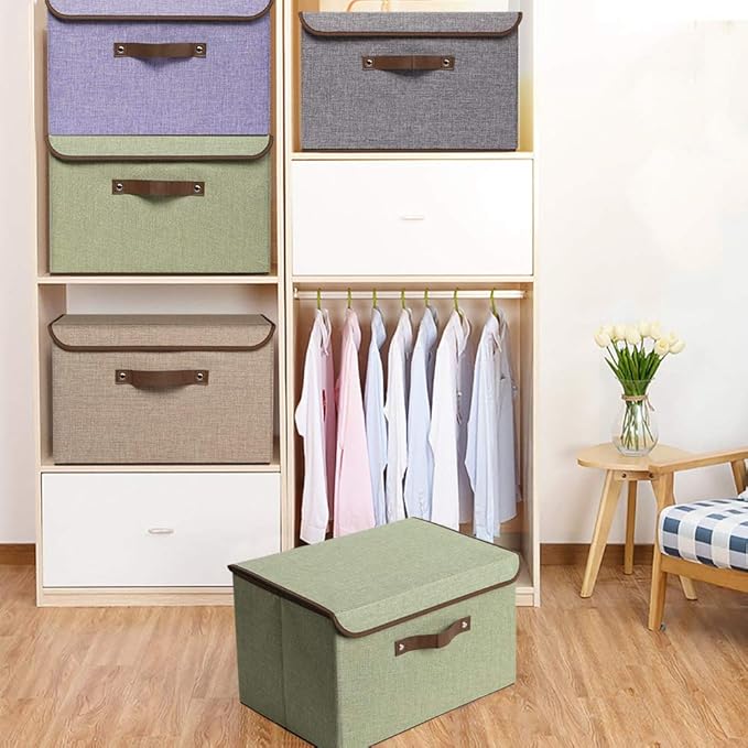 UUJOLY Large Storage Bins Linen Fabric Foldable Basket Cubes Organizer Storage Box Drawer with Lid and Handles for Home, Office, Closet, Bedroom, Nursery((Green-2pcs))