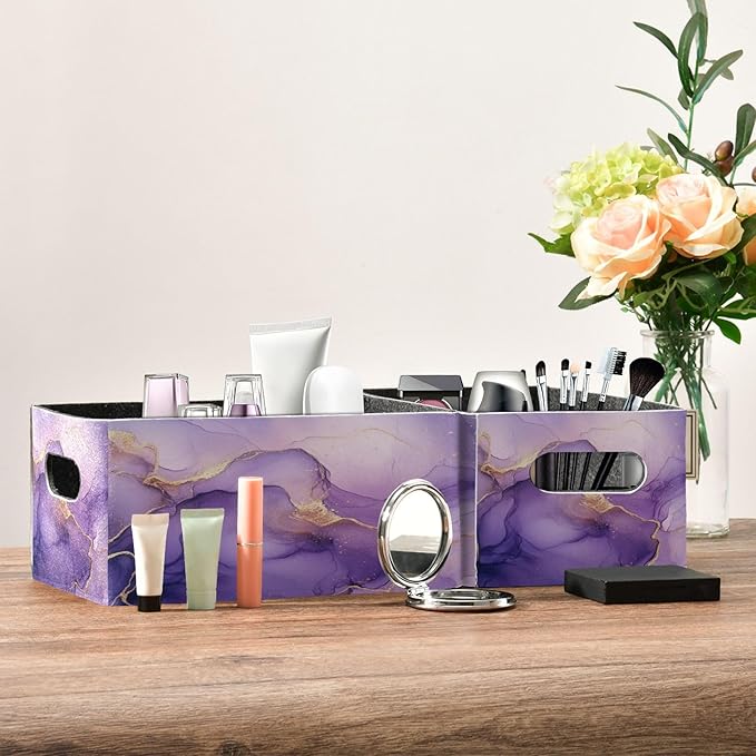 Kcldeci Purple Marble Storage Bins Baskets for Organizing 2Pack,Lavender Gold Sturdy Storage Basket Foldable Storage Baskets for Shelves Closet Nursery Toy