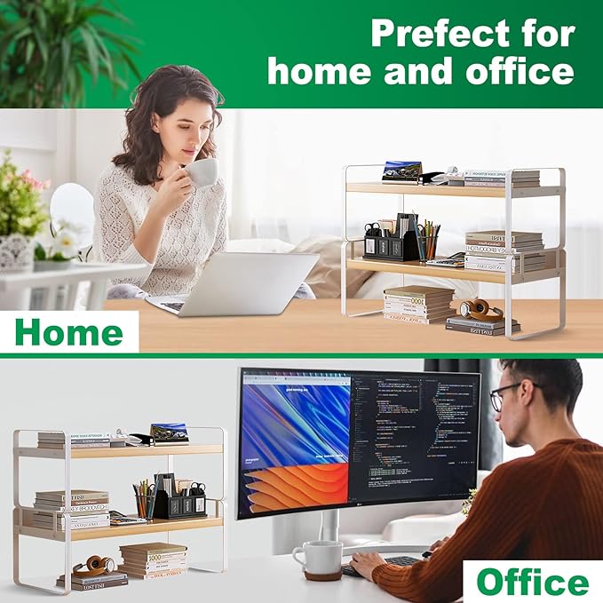 YGYQZ Desk Organizer Shelf,2 Tier Detachable Table Top Bookshelf, Freestanding Display Shelf for Office, Dormitory, Home,White+Wood