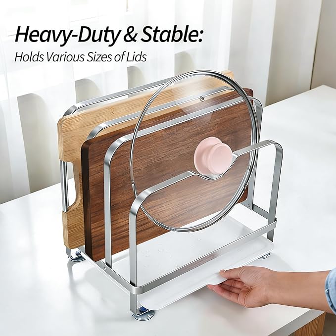 Stainless Steel Cutting Board Organizer Rack with Draining Tray, 3 Slots Kitchen Countertop Holder for Pot Lids, Heavy Duty Anti-Slip Stand for Thick & Thin Boards, Rustproof Storage