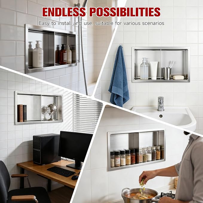 No Tile Needed Shower Niche 13"X 25", Bathroom Wall Niche Double Shelves, Stainless Steel Shower Niche for Bathroom, Kitchens, Balconies