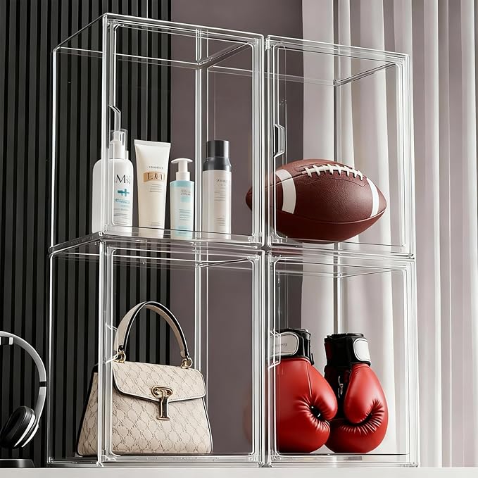 Clear Plastic Storage Bins, Acrylic Display Case with Magnetic Door, Large Stackable Display Organizer Box for Collectibles, Shoes, Book, Cosmetic, Figures Showcase(2 Pack)