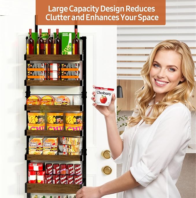 Over the Door Pantry Organizer: Storage and Pantry Organization with Hanging Basket - 8-Tier Metal Spice Rack Adjustable Shelves for Kitchen Laundry Room Bedroom & Bathroom Black