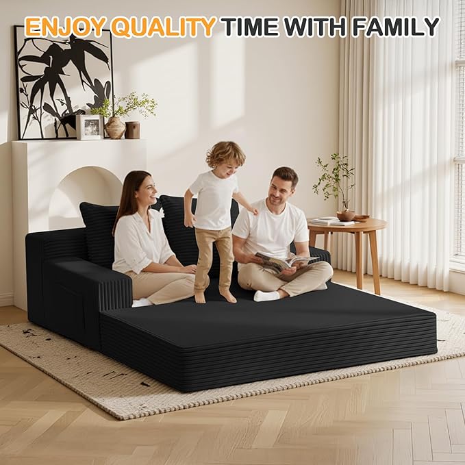 Loveseat Boneless Convertible Sofa Bed, Folding Floor Futon Sleeper Sofa Couch Bed- Boneless Foldable Couch, Corduroy Pull Out Sofa Bed with 2 Pillows for Living Room & Bedroom
