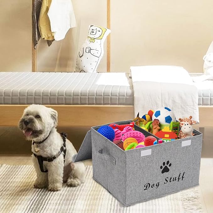 Geyecete Large Storage Boxes - Large Linen Fabric Foldable Storage Cubes Bin Box Containers with Lid and Handles for Dog Apparel & Accessories, Dog Toys(Snow Grey)