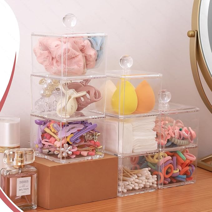 Hair Accessories Organizer for Girls, Clear 3 Stackable Acrylic Hair Tie Organizer for Headband, Bows, Cotton Swab Organization, Bathroom Containers Hair Clip Holder Storage with Lids