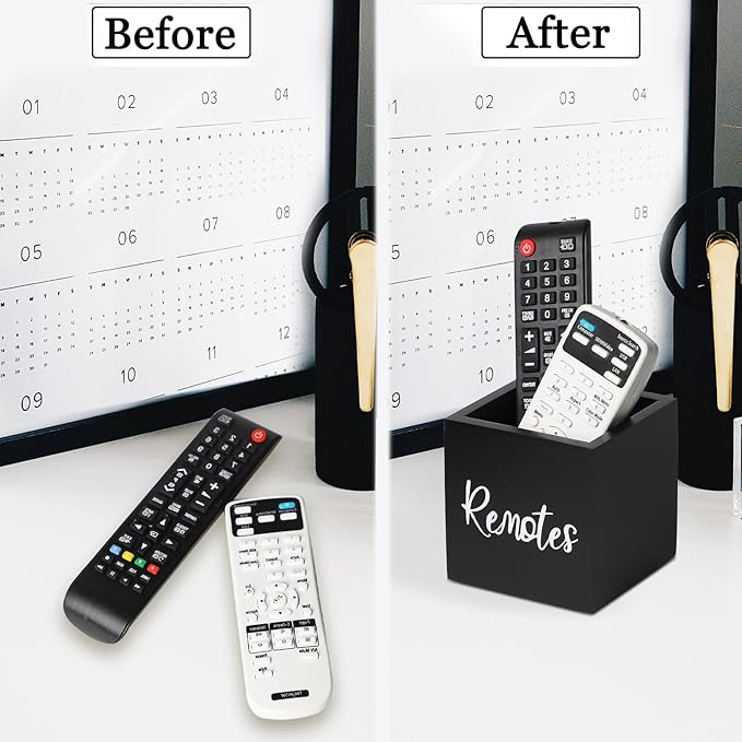 Wood Remote Control Holder, TV Remote Control Organizer for Home Bedroom Table, Multi-Purpose Desktop Storage (Black, S,for 2 or 3 Remote Controls)