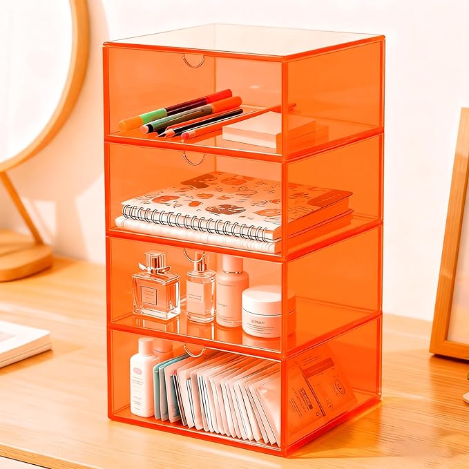 Acrylic Desk Organizer with Drawers Stackable Makeup Organizer for Vanity Office Countertop Cosmetic Display Cases Makeup Storage Box, Neon Orange