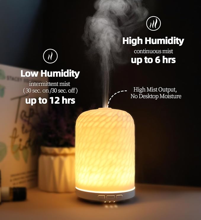 Essential Oil Diffuser - 2.4MHz Ultrasonic Ceramic Diffuser for Home, 120ml, Pulse&Continuous Mist, Bright/Dim/Breathing Lighting, Waterless Auto-Off, Aromatherapy Diffuser with USB Cable
