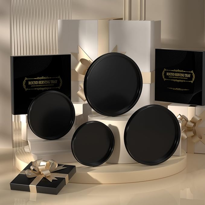 HGF Decorative Tray for Coffee Table, 13 Inch Lightweight Metal Round Trays for Kitchen Sink Counter Organizer Dining Centerpiece Table for Display Candle Vase, Black Round Tray for Decor