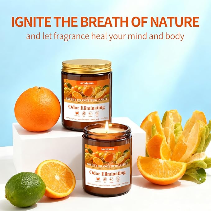 Sweet Orange Bergamot Odor Eliminating Candles | Eliminates 95% of Pet, Smoke & Bathroom Odors โ 7oz Hand Poured Non-Toxic Soy Candle - Air Freshing Scented Candle Gifts for Positive & Relaxation