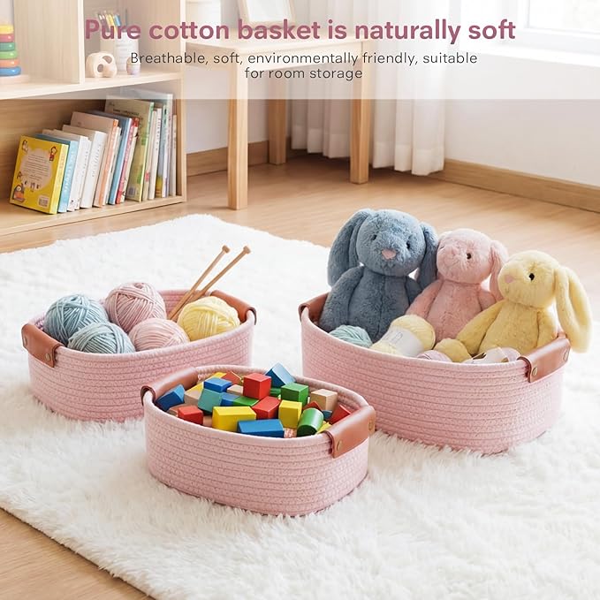 5 Piece Storage Baskets Small Woven Basket with Detachable Leather Handle, Cotton Rope Shelf Baskets for Closet Organizers, Different Sizes Basket Decor, Light Pink