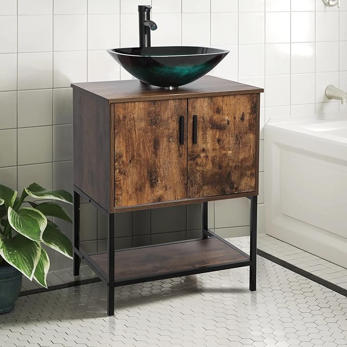eclife 24" Bathroom Vanity Sink Combo Modern Metal Stand Cabinet W/Bottom Shelf Turquoise Square Vessel Sink & Water Save Faucet & Pop Up Drain, Rustic Brown (A10)