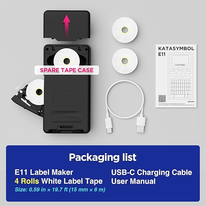 SUPVAN E11 Bluetooth Label Maker Machine with 4 Tapes, Support Keyboard & App with 40 Fonts and 650+ Icons, Rechargeable Inkless Labeler for Home, Kitchen, Office, School, Organization, Black