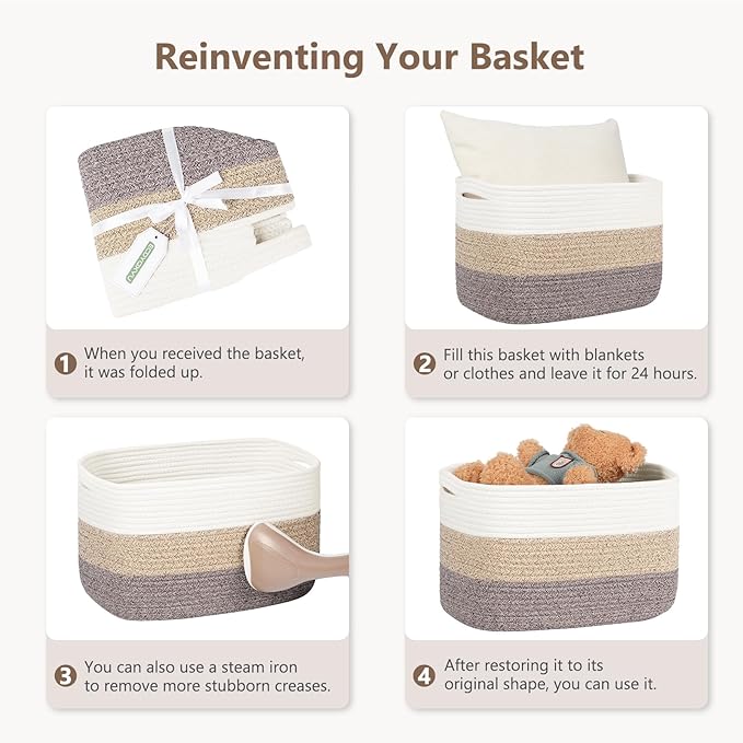 Cotton Rope Storage Baskets, 15x10x9 in, Rectangular, White/Beige-1Pack, Modern, Easy To Use, Foldable, Laundry, Storage, Decoration
