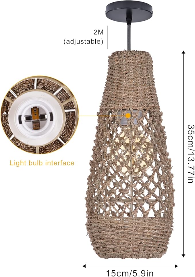 Arturesthome 1 Light Boho Rattan Pendant Light Fixtures, Mini Farmhouse Natural Chandelier Pendant Light, Retro Wicker Hanging Lamp for Kitchen Island
