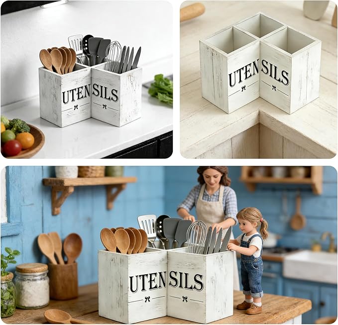 Extra Large Utensil Holder with 3 Compartments, Wooden Farmhouse Utensil Holder for Kitchen Countertop, Storing Tableware, Farmhouse Decor (Distressed White)