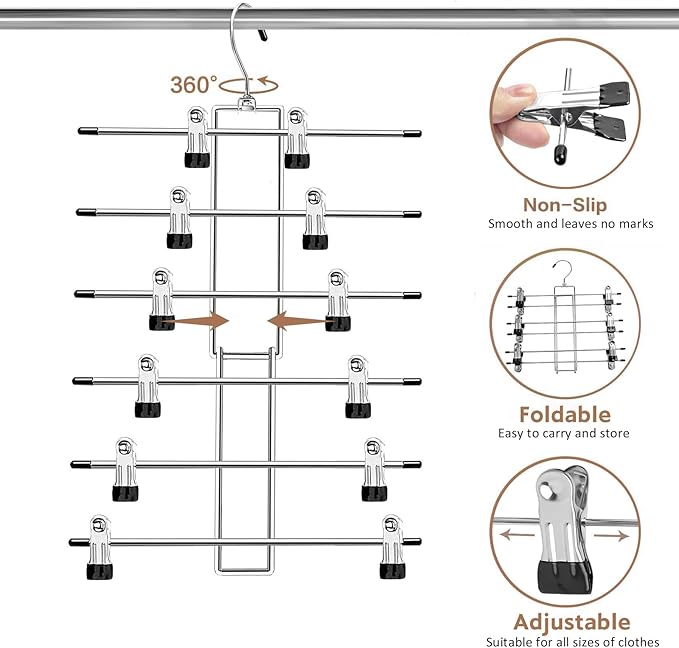Pants Hangers with Clips,Space Saving Hanging Closet Organizer-6 Tiers Skirt Hangers with 360° Swivel Hook,Closet Organizer-Clothes Hangers