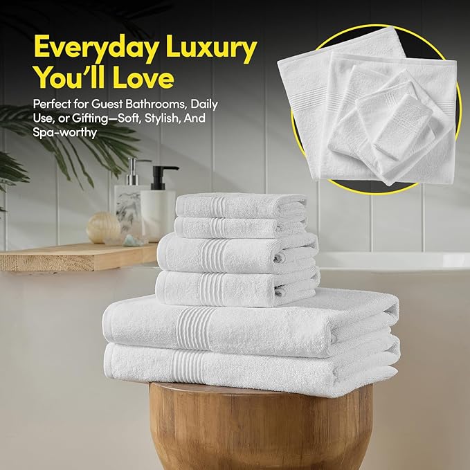 Bath Towels 8 Piece Towel Set β 100% Combed Cotton β Bath + Hand + Washcloths β Oeko-TEX Certified Soft & Absorbent Towels with Durable Double-Stitched Edges for Bathroom or Guest Spa, White
