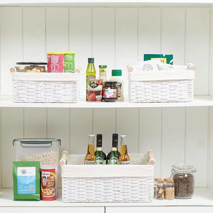 Vagusicc Wicker Storage Basket, Set of 3 Hand-woven Storage Baskets for Organizing, Large Cube Storage Organizer Baskets Bins with Handles for Shelves Decor, Small Toilet Paper Storage Basket, White