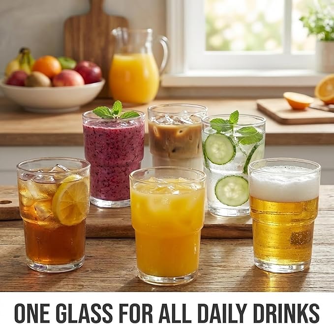 Stackable Drinking Glasses Set of 6 - 13oz Clear Glass Tumblers