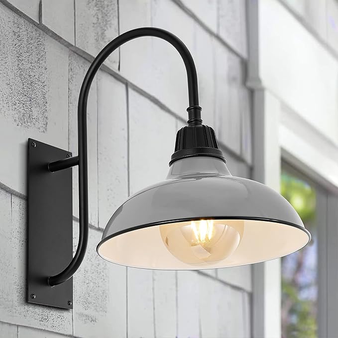 JONATHAN Y JYL7614D Stanley 12.25" 1-Light Farmhouse Industrial Indoor/Outdoor Iron LED Gooseneck Arm Outdoor Sconce Metal Bowl Shade Vintage Cottage Rustic Porch Patio Yard Barn, Gray