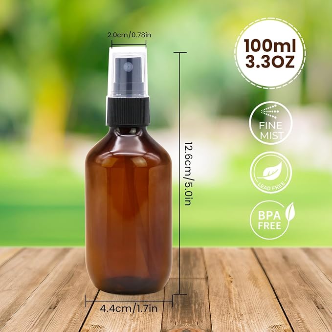12 Pack 3.4oz Amber Spray Bottles, Small Fine Mist Mister Plastic Travel Bottles, Empty Bottles Set for Essential Oils Hair