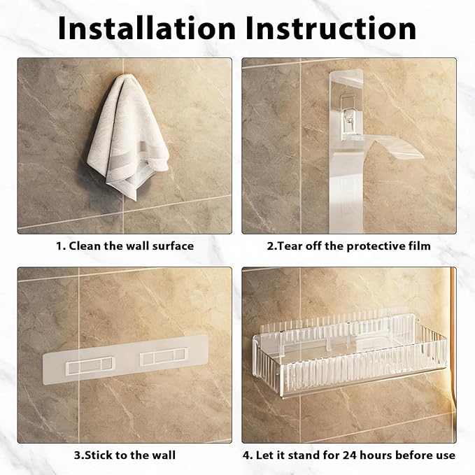 4 Pack Acrylic Shower Caddy Adhesive, Clear Shower Shelves No Drilling with Soap Holder & Toothbrush Holder, Bathroom Wall Shelf