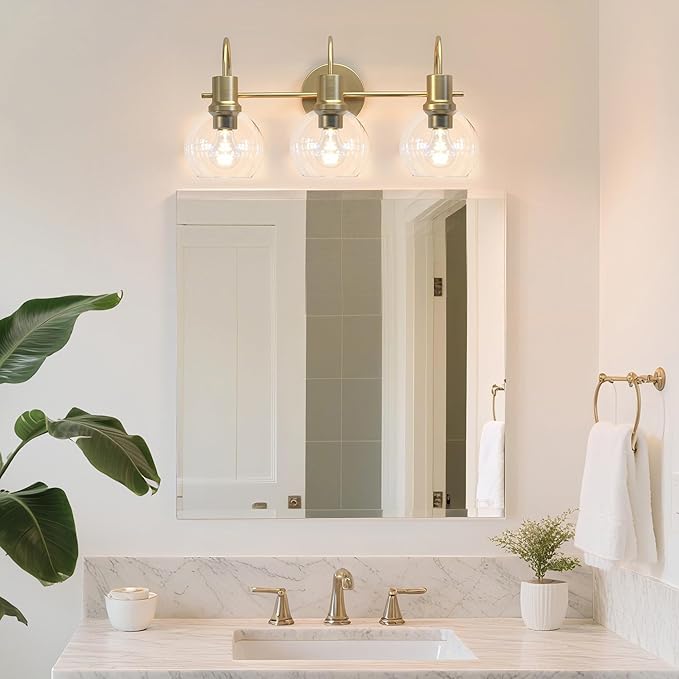 Bathroom Light Fixtures,Gold Vanity Light 3 Light Wall Sconces, Brushed Brass Lighting with Clear Glass Shades, Wall Mounted Mirror Lights for Kitchen, Bedroom, Hallway