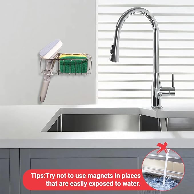 Sink Sponge Holder, Magnetic Kitchen Sink Caddy, 304 Stainless Steel Sink Brush Holder+Sponge Holder, Sink Drain Frame- Silver (Magnet)