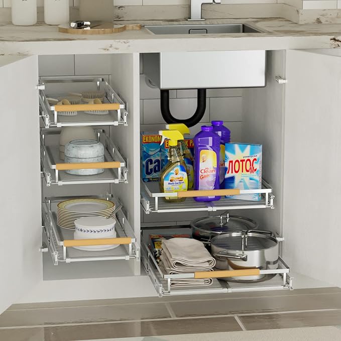 SANNO Pan Pot Lid Holder Organizer, Rack Kitchen Organizer for Plates Expandable Pull Out Drawer Organizer and Storage, Cabinet Pots Pans Organizer Sliding Shelf Under Sink Shelf