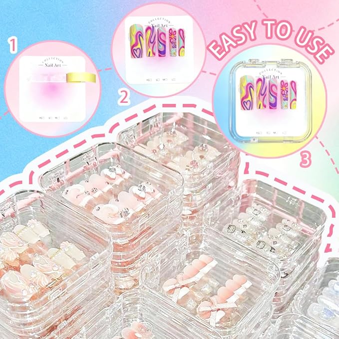 12PCS Press on Nail Storage Box Acrylic Organizer Nail Case Nail Display Case Nail Display Box Artificial False Nail Box with Double Sided Adhesive Nail Tape Suitable for Press on False Nail