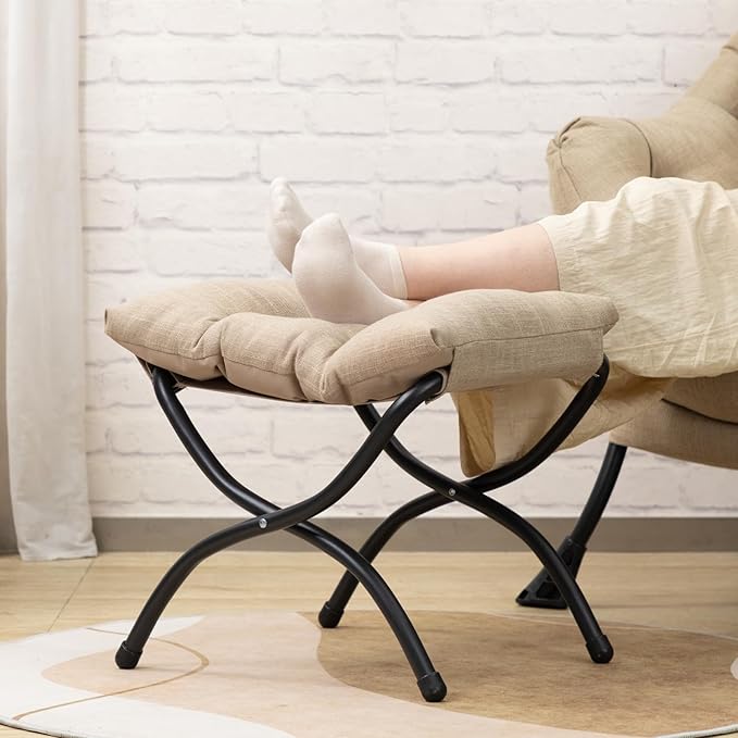 HollyHOME Lazy Chair with Foldable Ottoman, Accent Comfy Lounge Armchair and Folding Footrest Stool, Leisure Sofa Reading Chair and Footstool for Living Room, Bedroom, Dorm,Cotton-Linen Tan