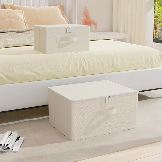 Storage Bins with Lid, Cube Organizer Basket, Closet Boxes with Carrying Handles and Sturdy PP Support Plate, 2 Pack, Beige, 15.7 x 11.8 x 7.9 In, XSNY16BEL-2