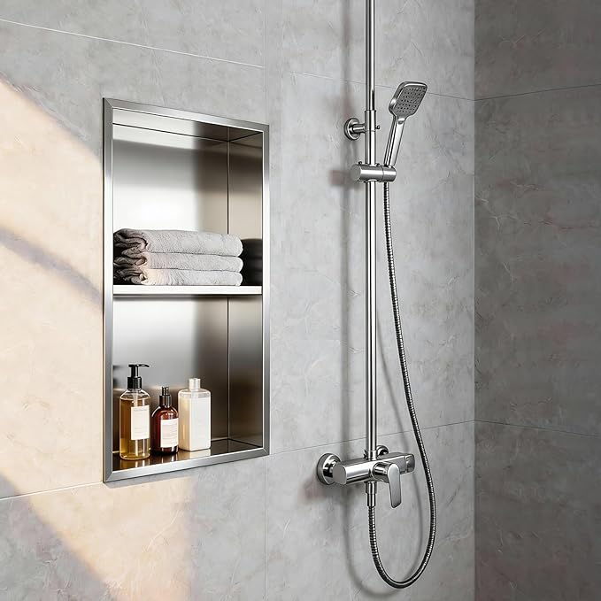 EasyVibe 304 Stainless Steel Shower Niche 24 x 12 Inch, No Tile Needed 2-Tier Recessed Bathroom Shelf Wall Insert, Waterproof Metal Bathroom Shelf Storage Organizer, Brushed Finish, Sliver