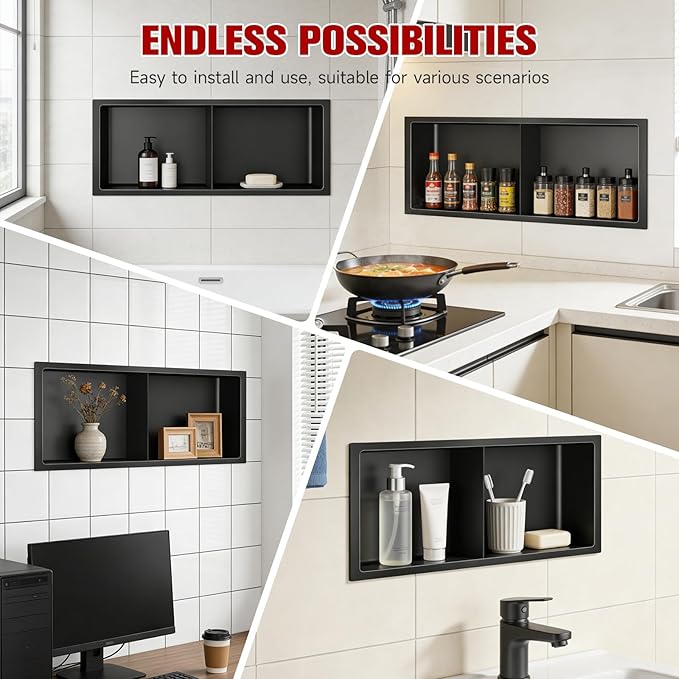 No Tile Needed Shower Niche 9"X 25", Bathroom Wall Niche Double Shelves, Stainless Steel Shower Niche for Bathroom, Kitchens, Balconies