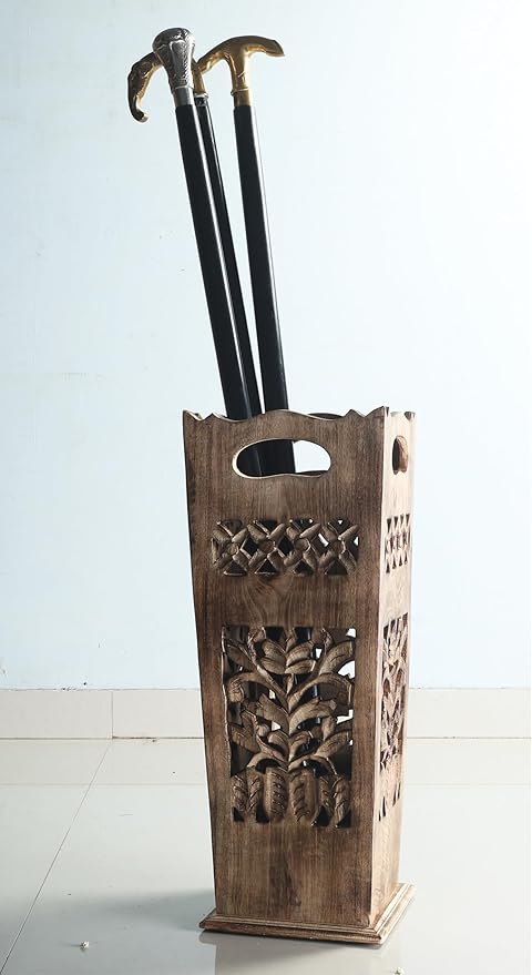 Hand-Carved Wooden Umbrella Stand & Walking Cane Holder | 21 Inch Tall Decorative Umbrella Rack for Entryway, Home & Office | Rustic Floor Storage Organizer