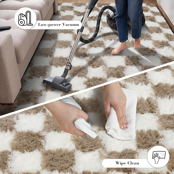 Checkered Rug for Bedroom, 4x6 Beige and White Area Rugs, Classic Checkered Carpets Shaggy Area Rug, Bedside Rugs for Living Room Bedroom Kids Room Home Decor
