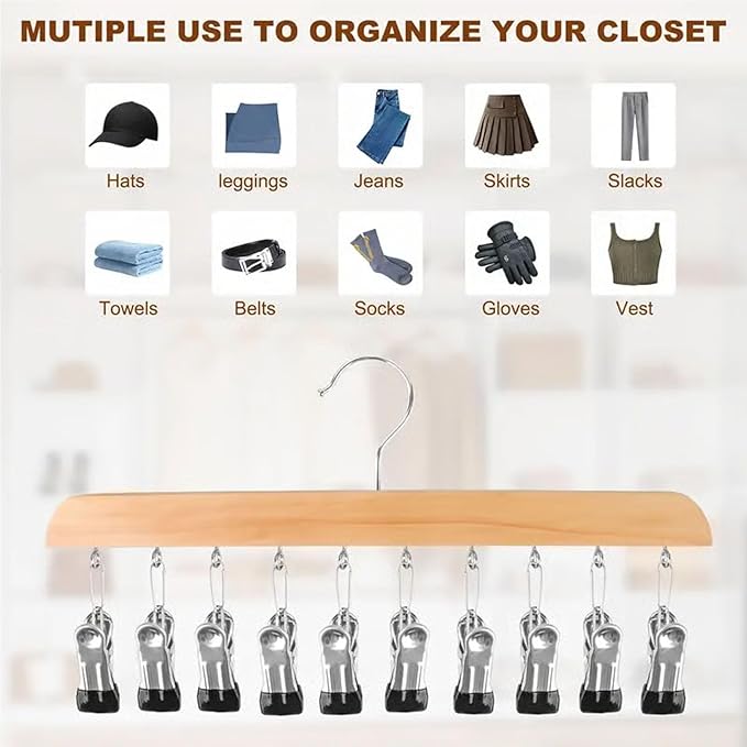 Closet Organizer with 10 Clips - Space Saving Hanging Closet Organizer, 2026 Upgraded Legging Hangers for Closet, 360° Rotating Metal Clips with Silicone Lining for Clothes (Vintage, 1PC)
