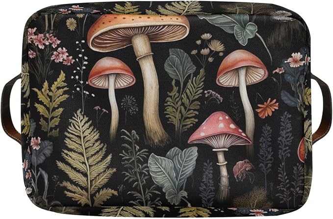 Storage Basket Mushroom Rectangular Collapsible Canvas Shelves Storage Bins with Leather Handles for Shelves Home Closet Bedroom Living Room, 2Pack