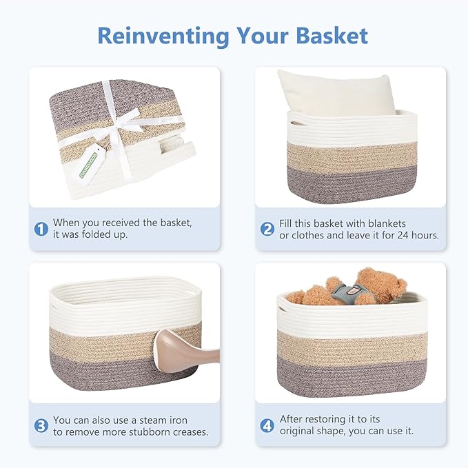 Cotton Rope Basket, Storage Baskets with Handle, 15x10x9 Inch Woven Basket for Shelves, Laundry, Towels, Clothes, Books (White/Grey 1Pack)