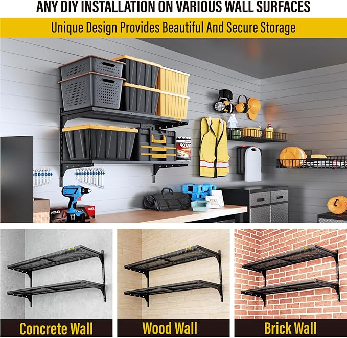 1pack×2 Tier 1.3x4ft Garage Shelving Wall Mounted, 260lbs Load Capacity,15.6x48inch per Shelf Height Cassette Adjustable Floating Shelves, Black