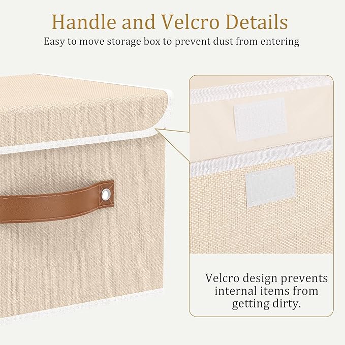 OUTBROS Storage Boxes, Collapsible Storage Bins with Lids, Cotton and linen cloth Storage Baskets with Handle, for Books, Closet, Bedroom, Home, 10.2x7.9x6.7 in, Beige