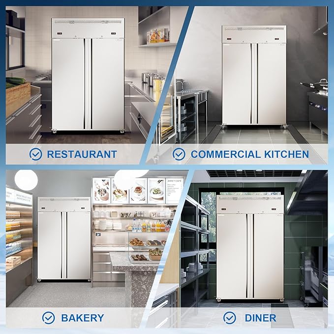 48" W 2 Door Commercial Refrigerator and Freezer Combo Stainless Steel Fan Cooling 38 Cu.ft Fridge and Freezer Dual Zones for Restaurant Bar Shop 33°F~41°F and -8℉ ~0℉, Stainless Steel Reach-in