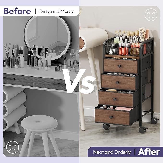 SWTYMIKI Rolling Makeup Organizer Cart - Floor Skincare Make Up Storage with 4 Non-woven Drawers, Vanity Organizer Cosmetic Display Cases Cabinet for Skin Care Perfume Nail Polish Brush Hair Tool