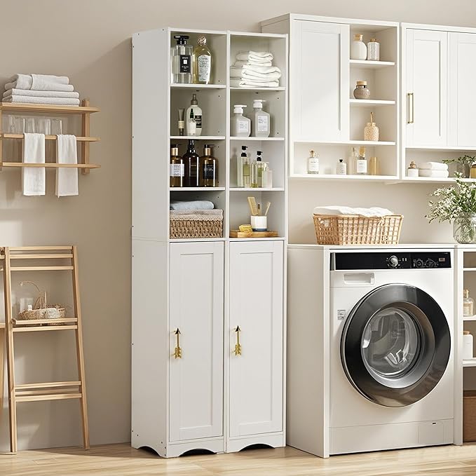 VECELO 71 Inch Tall Storage Cabinet - 6 Adjustable Shelves, Bottom Enclosed Storage, Elevated Moisture-Proof Base, Organizer for Bathroom Kitchen Pantry-White