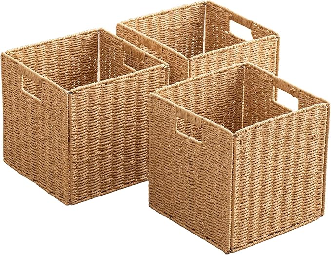 10.5x10.5inch Storage Basket,1Pcs Paper Brown Rope Woven Baskets, Foldable Handwoven Storage Cubes, Wicker Cube Baskets Laundry Organizer Totes for Bathroom Bedroom Laundry Pantry or Shelves