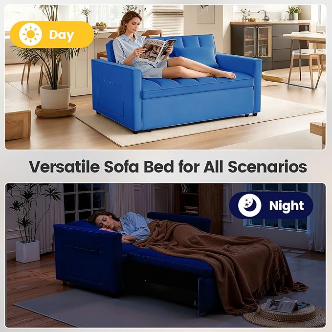 Convertible Sofa Bed, Love Seat Sleeper Bed with Side Pockets, 3 in 1 Velvet Fabric Pull Out Couch with Adjustable Backrest for Living Room, Bedroom, Apartment, Blue