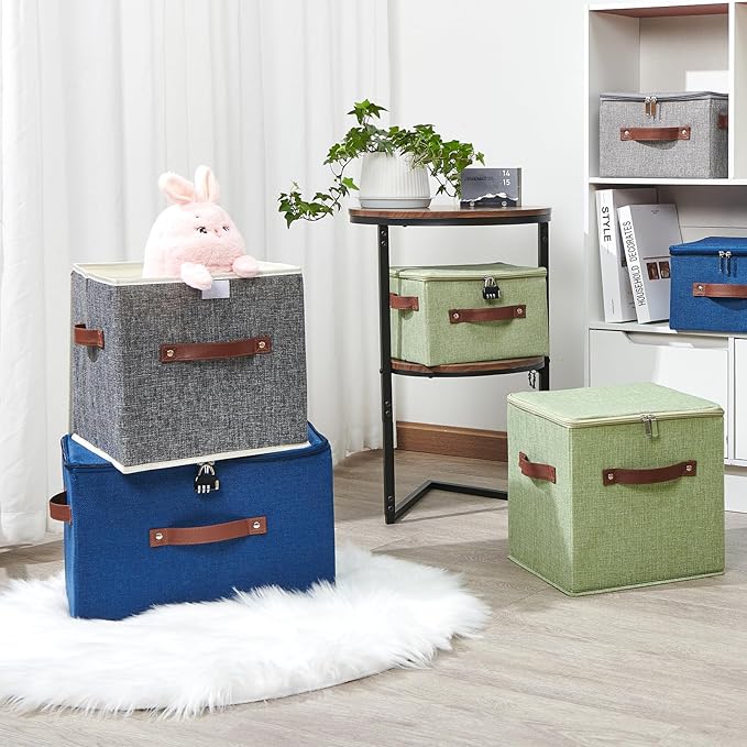 2PCS Storage Cubes with Lid Fabric Storage Bins Boxes PU Leather Handles Cotton Linen Closet Organizer Container Decorative Foldable Washable Shelf Cloth Basket (Zipper Lid, Green, 11in)